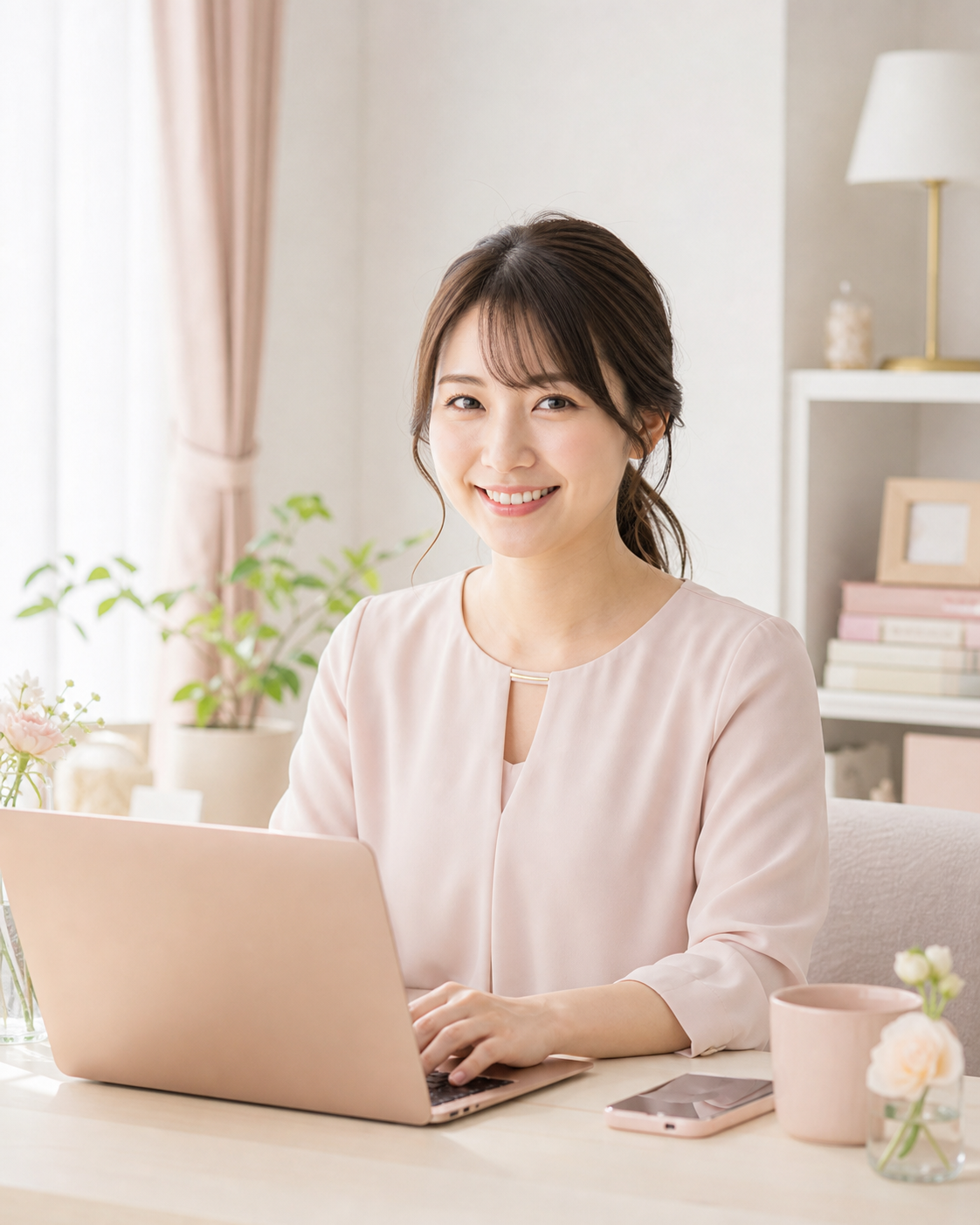 明るい室内で在宅ワークをする女性